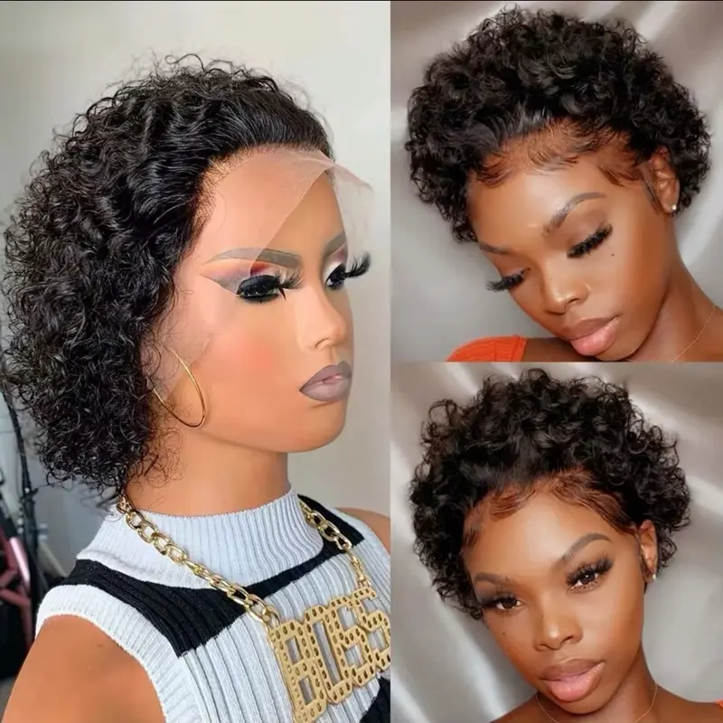Perruque 13x4 T Lace Frontal Short Pixie Cut Curly Wig Bleached Knots Brazilian Wig Hd Lace Human Hair Wig for Black Women Natural Look