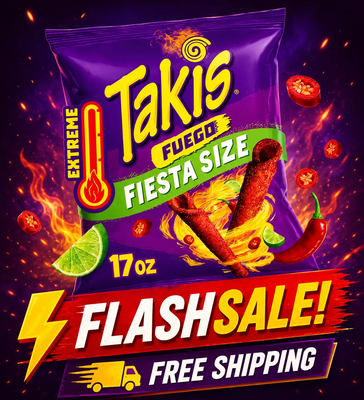 Takis Fuego 17 oz Fiesta Size Hot Chili Pepper & Lime Flavored Extreme Spicy Rolled Corn Tortilla Chips Takis Fuego 17 oz Fiesta Size Hot Chili Pepper & Lime Flavored Extreme Spicy Rolled Corn Tortilla Chips
