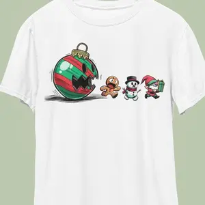 Christmas Ornament Pac-Man Tshirt with Festive Characters Design for Holiday Wear