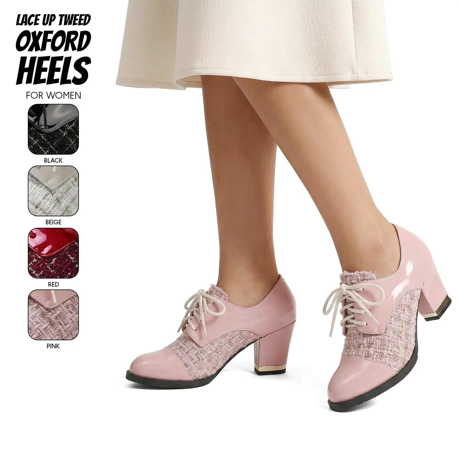 Oxford Shoes For Women Round Toe Chunky Block Heel Lace Up Tweed Classic Vintage Style Party Date Night Casual Work Fashion Trendy Dressy Shoes