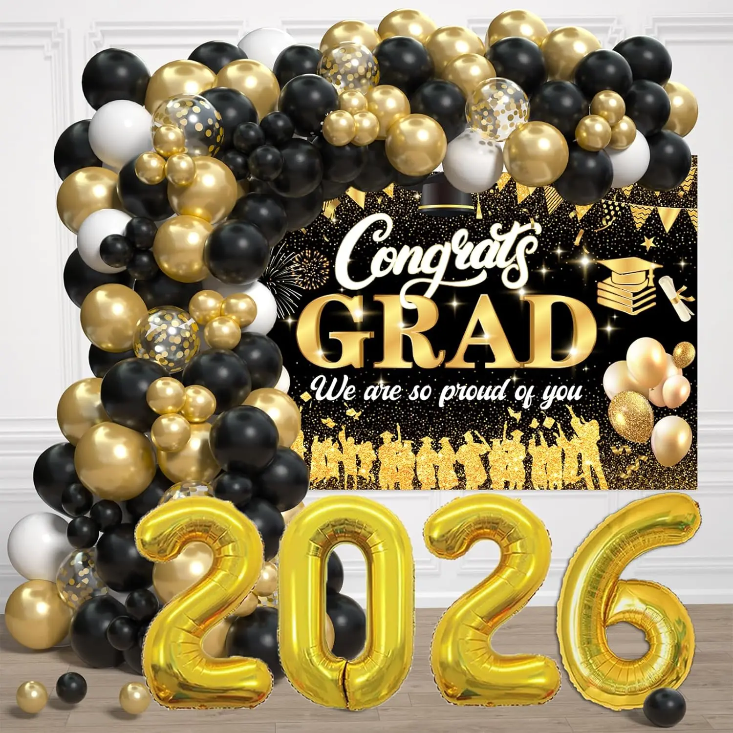 Black & Gold 2026 Graduation Balloon Arch Kit Congrats Grad Backdrop & Foil Balloons for Parties