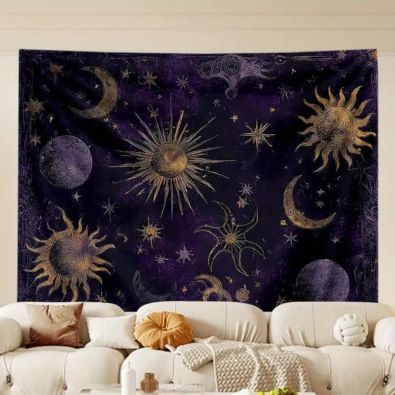 1pc Enchanted Starry Night Polyester Tapestry - Mystical Cosmic Design with Suns, Moons, Stars, Durable Wall Hanging for Bedroom, Office, Decoration, Cool Whimsical Funky Room & Home Decor, Multiple Sizes, Ideal Creative Gift, Room Decor