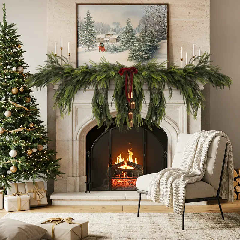 Artificial Norfolk pine greenery layered across a Christmas mantel