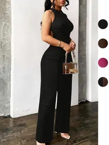 Women's Plain Sexy Backless Cross Design Sleeveless Jumpsuit, Slim-Fitting Long Pants, Casual Spring & Fall Fashion