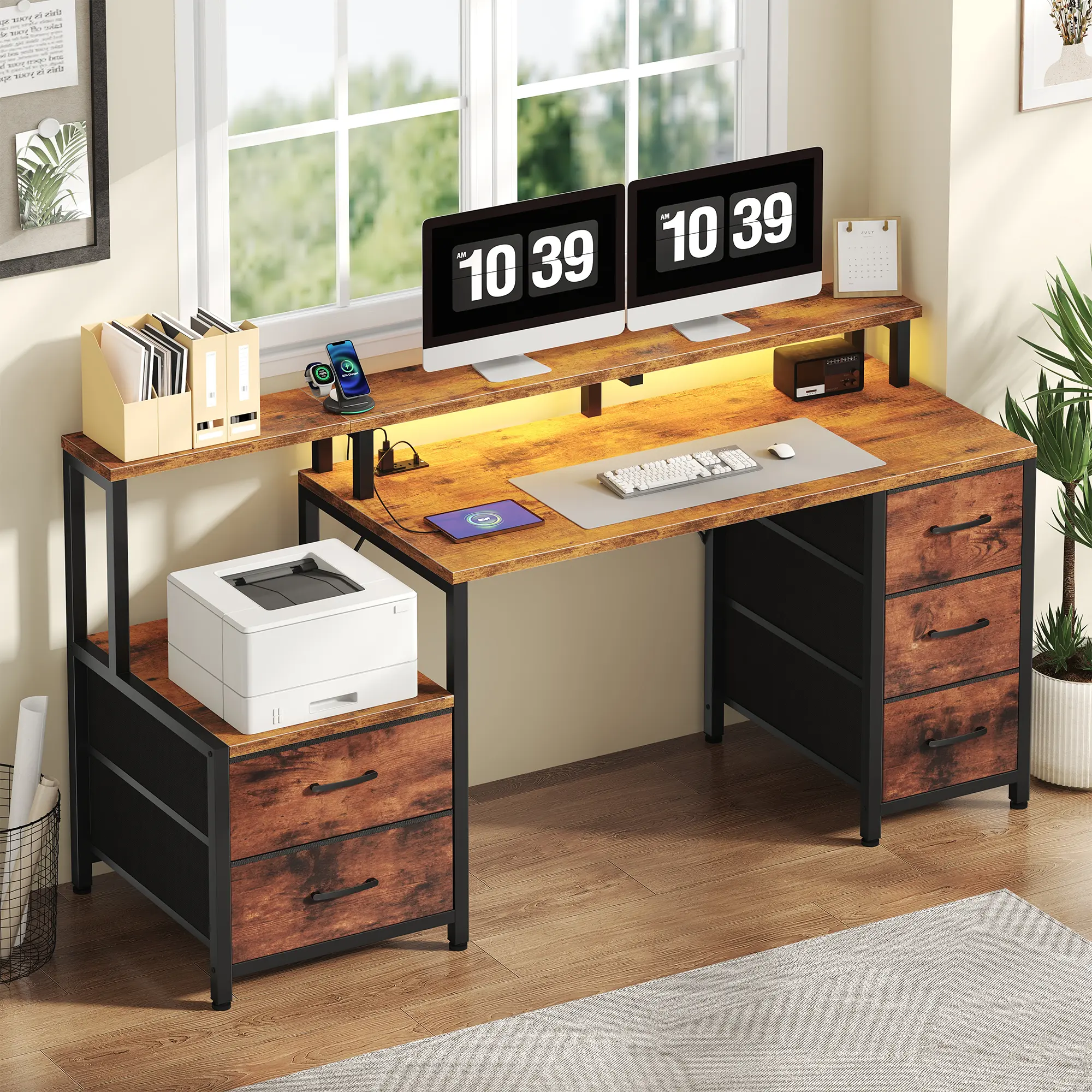 67-Inch Office Desk - Furniture-Style, Modern, Multi-Drawer, Tech-Integrated Computer Workstation with 5 Drawers, Printer Space, Reversible Design, Monitor Stand, LED Lights, Power Outlets, Printer Cabinet, Furniture-Style Computer Workstations, Modern Co