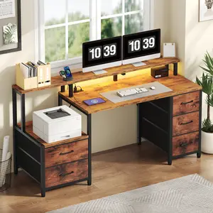 67 Inch Office Desk with 5 Drawers and Printer Space for Storage, Reversible Computer Desk with Monitor Stand & Power Outlets, Home Office Desks gaming table comes with LED lights and power sockets. The printer cabinet