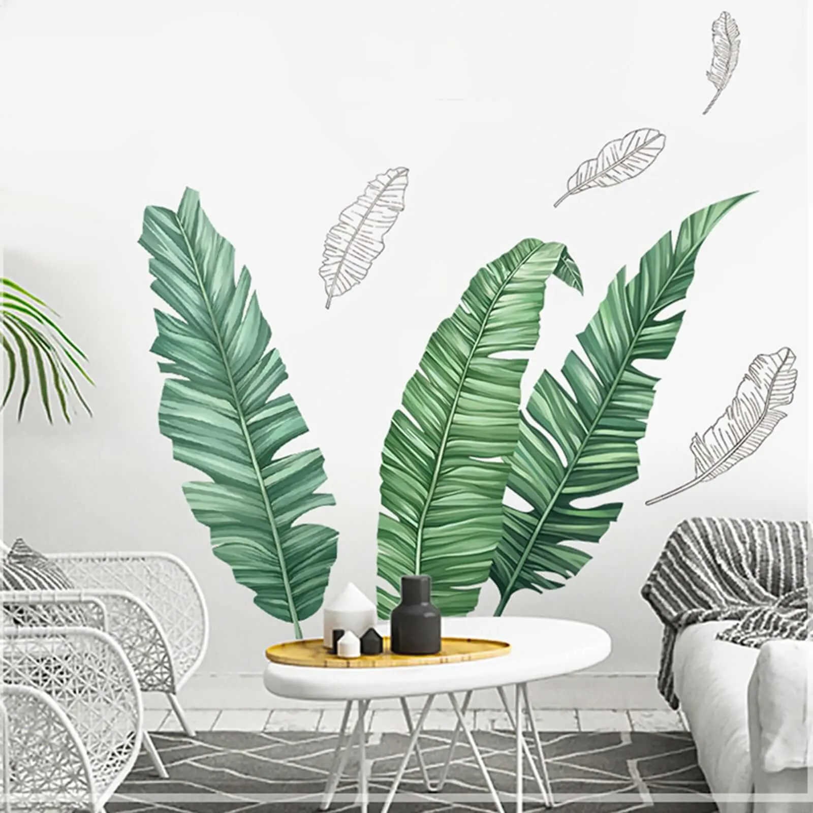 Green Tropical Banana Leaves Wall Decals - Peel-and-Removable Renter-Friendly Interior Decor, Decoration Items for Accent Wall, Tiles Sticker, Room Decor, Sticker Deco, Adhesive Film Murals