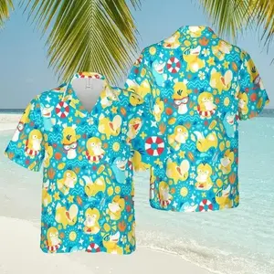 Psy duck Hawaiian Shirt - PKM Anime Print Beach Aloha Button Down Shirt, Breathable & Comfy Tropical Outfit, Perfect Gift for Him Her on Birthday, Gift for Kids, Mother’s Day, Father’s Day, Summer Vacation