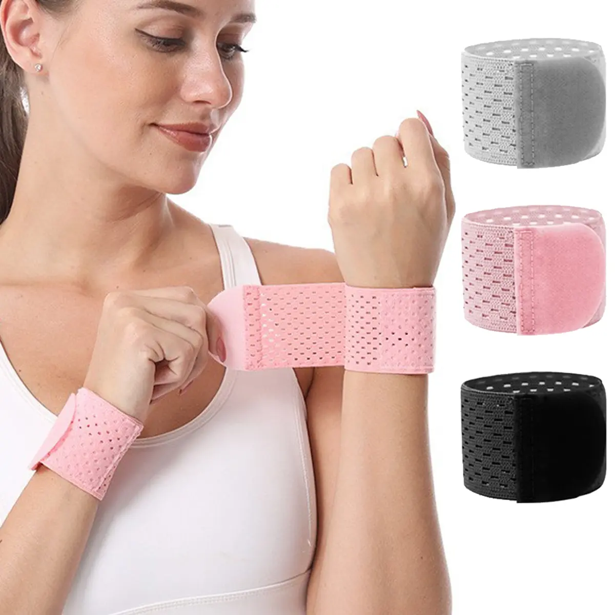 Sports Wristband Adjustable Wrist Supporting Brace Band Injury Wrap Wristband Bandage Strap Gym Wrist Protector in Black Pink Grey Breathable Perforated Material, Unisex, Adults