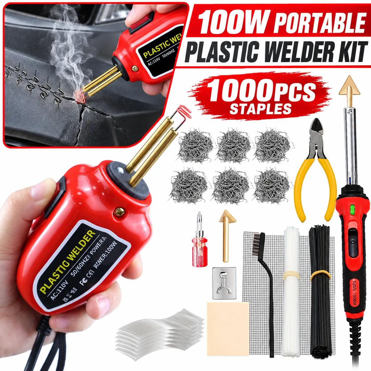 2in1 Plastic Welder+Soldering Iron Tool Kit Portable Mini Electric Soldering Iron With 1000Pcs Welding Nail For Repair Auto Bumper Plastic Crack