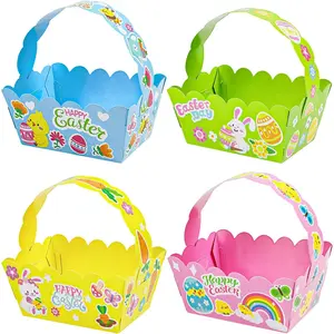 Small Easter Baskets, 12 count Happy Easter   Boxes with Cute Bunny Click Stickers for Easter Egg Hunt Party Favors and Decorations