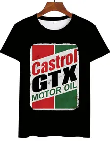 Summer New Men's Castrol Gtx Racing Print Short Sleeve T-Shirt, Vintage Motorcycle Style Casual Top, Multifunctional Streetwear