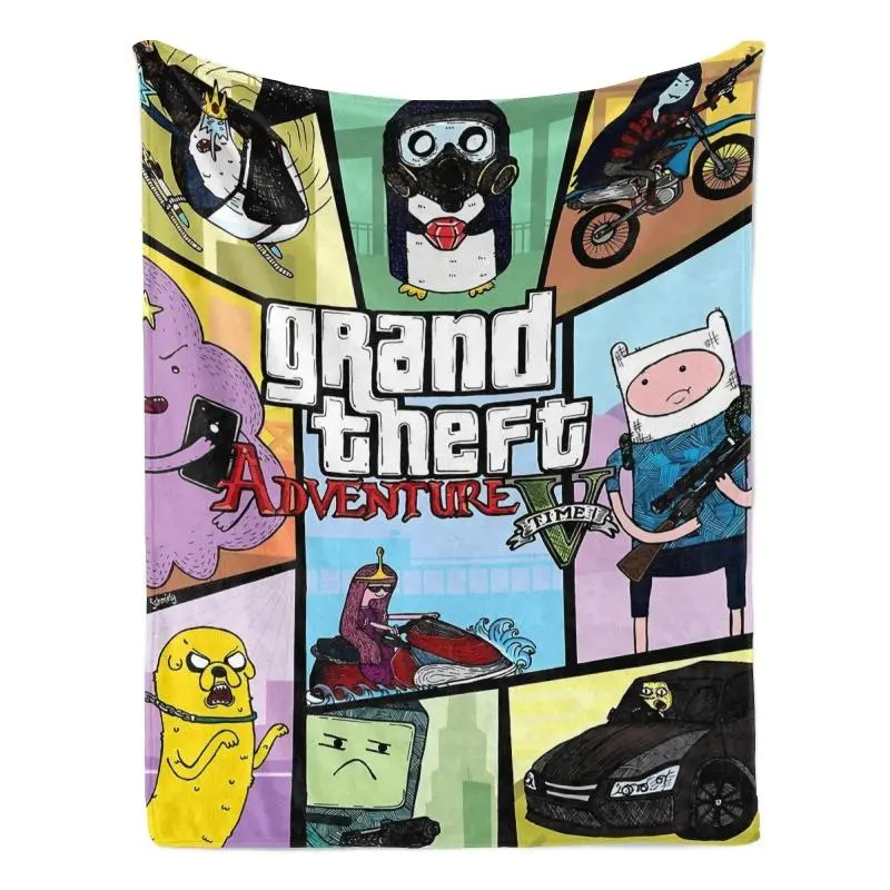 Grand Theft Adventure Time Mashup Blanket Ultra Soft Flannel Fleece Cozy Warm Grid Design Finn Jake Cartoon GTA Inspired Bedroom Couch Sofa Throw Decor Decorative Throw Perfect Birthday Gift Christmas Gift for Gaming Cartoon Fans Teens Mashup Style