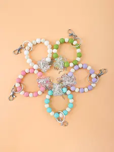 Macaron Color-Block Beaded Keychain, Sparkling Rhinestone Bow Bracelet Keyring, Portable Wrist Strap, Handbag & Car Key Ornament