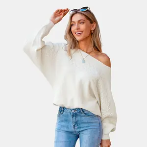 Cupshe Women's White Cozy Chic Off-Shoulder Cable Knit Sweater-S-White