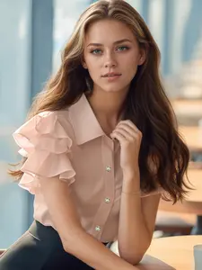 Women's Pleated Sleeve Polo Shirt, Fitted Summer Fashion Elegant Design, High-Quality Short Sleeve Ruffled Blouse, New Arrival