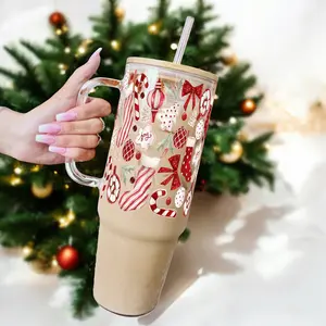 Sip-Sip Hooray! Christmas Tumbler – Glass or Plastic Cup with Handle, Lid & Plastic and Glass Straws, Christmastok Drinkware, Holiday Nutcracker & Gingerbread Aesthetic Mug Bottle