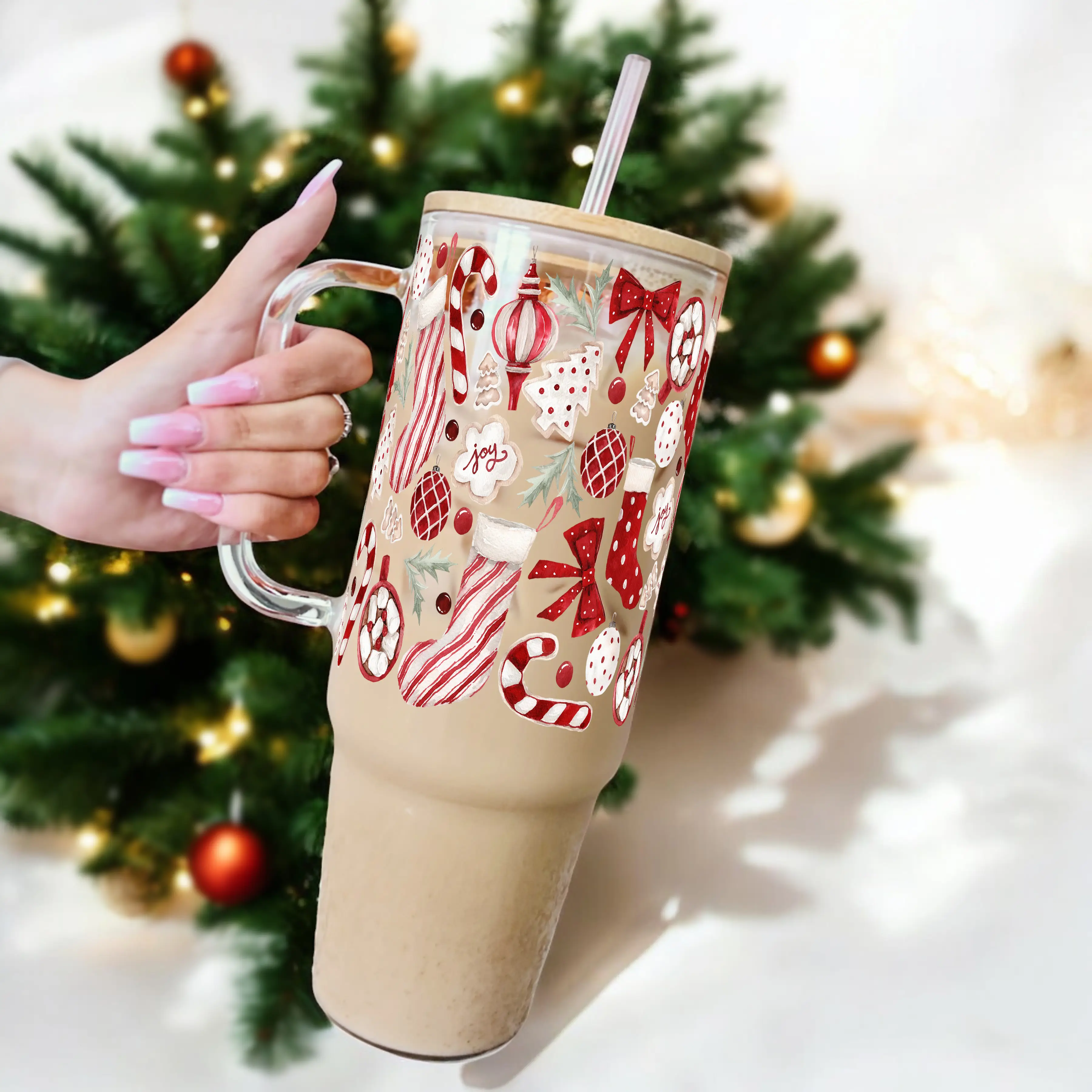 Sip-Sip Hooray! Christmas Tumbler – Glass or Plastic Cup with Handle, Lid & Straw, Christmastok Drinkware, Holiday Nutcracker & Gingerbread Aesthetic
