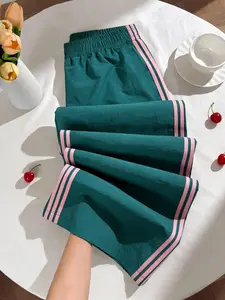 Women's Fashion Side Stripe Loose Long Pants Bottoms, Lady Womenswear, Casual Wear, Summer Loose Fit, Adjustable Drawstring Waist, Wide Leg, All Seasons