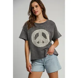 Umgee Full Size Mineral Wash T-Shirt with Lace Applique Plus Size