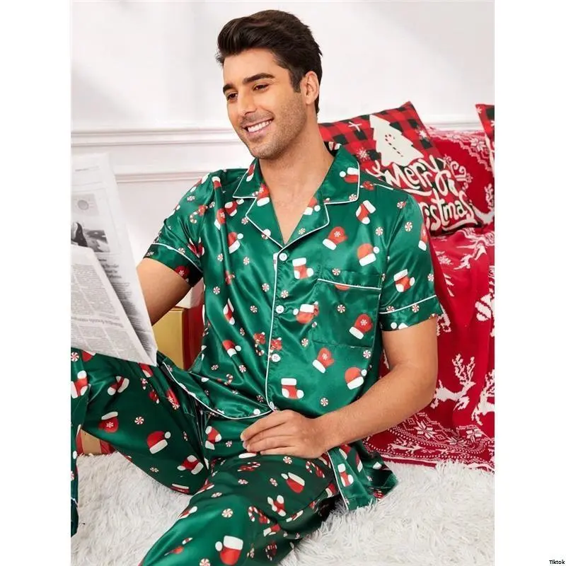 sPajamaSet CoupledUpChristmasElementsCartoonPrintFauxSilkLapelMen sPajamaSet CoupledUpChristmasElementsCartoonPrintFauxSilkLapelMen