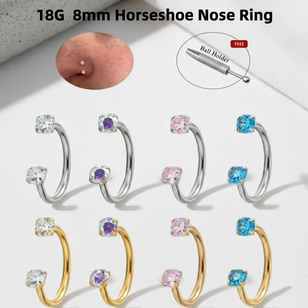 18G Horseshoe Hoops for Women's Fashion, 8mm Stainless Steel Body Jewelry with 3mm Cubic Zirconia, Casual Female Everyday Wear with Auxiliary Ball Holder Tool