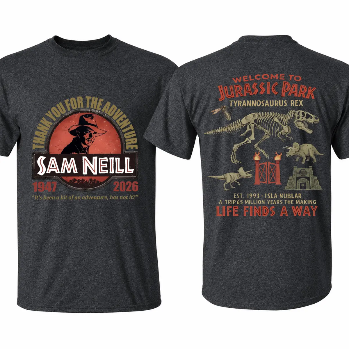 "Thank You For The Adventure" Sam Neill Jurassic Park Sci-Fi Dinosaur Graphic T-Shirt - Life Finds A Way, MADE IN USA, Gift Option