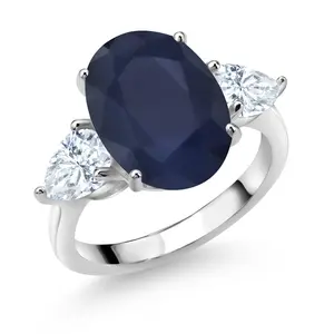 Gem Stone King 7.91 Cttw Blue Sapphire and White Moissanite 3-Stone Ring For Women | 925 Sterling Silver | Oval 14X10MM | Pear Shape 7X5MM | Three Stone Wedding Anniversary Promise Ring
