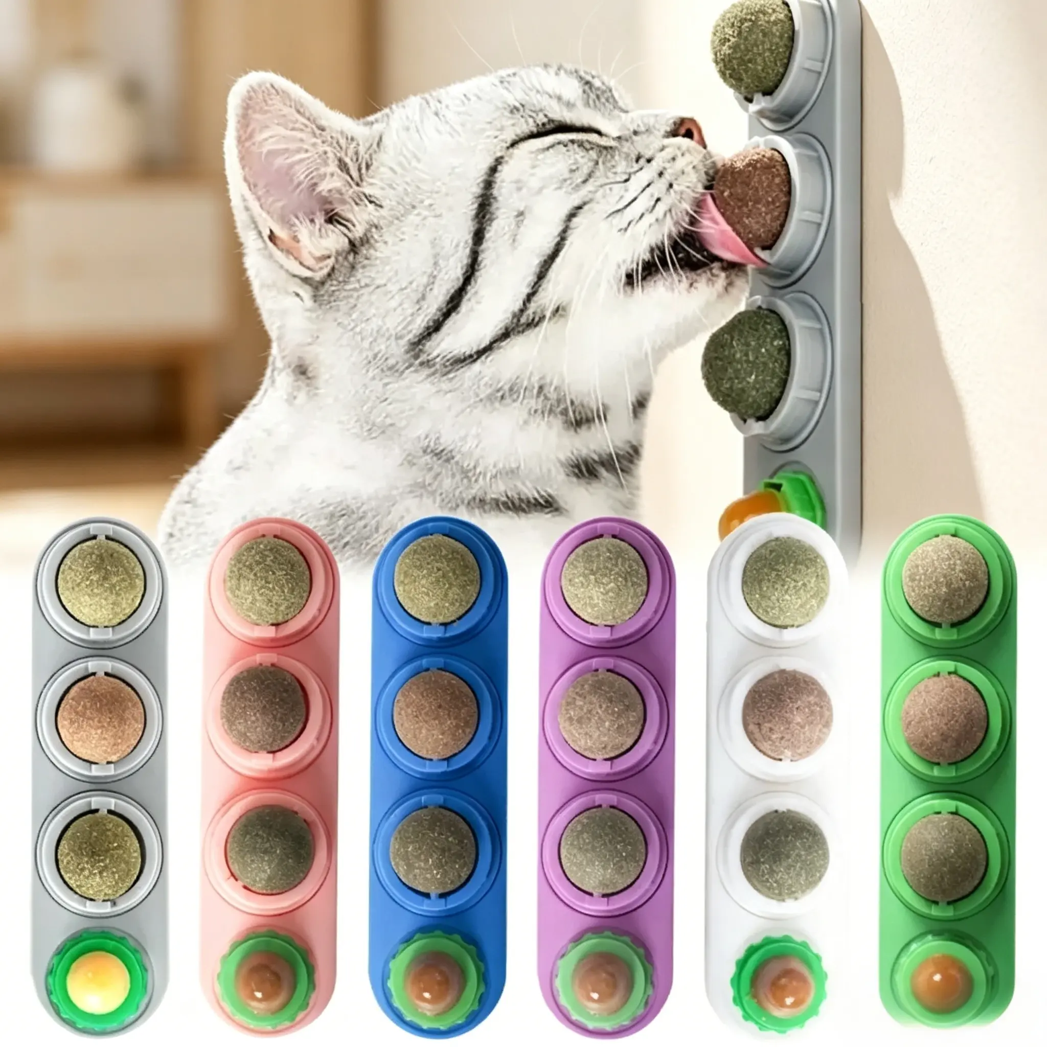4-in-1 Rotating Catnip & Silver Vine Ball Cat Toy - Edible Safe Material, Wall-Mountable, Teeth Cleaning, Acne Prevention, Digestive Health Support