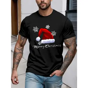 Festive Christmas TShirt for Men Featuring Santa Hat Snowflake Print and Merry Christmas Message