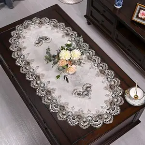 ZMNSZBDBeige Embroidered Lace Tablecloth Lace Coffee Table Cover Oval Hollow Tablecloth, Machine, Dryer, Refrigerator Top Dust Cover (27.5''X51'')