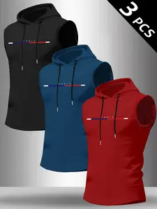 Men's 3-Pack Letter Pattern Print Hooded Sleeveless T-Shirt, Casual Comfortable Hoodie Vest, Summer Outdoor Fitness Wear