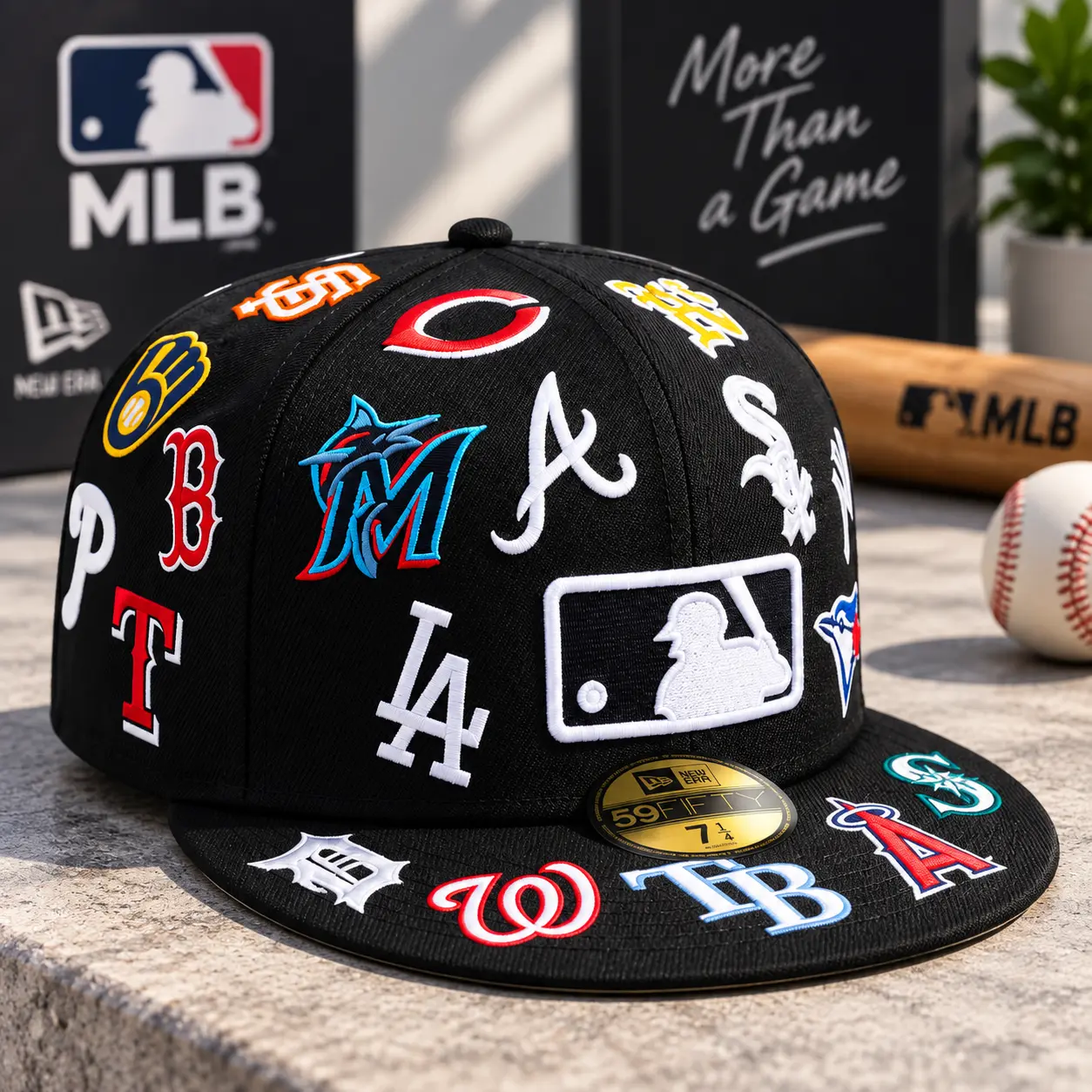 MLB Logo Scramble 59FIFTY Fitted Hat – Black All-Over Embroidered Baseball Cap.