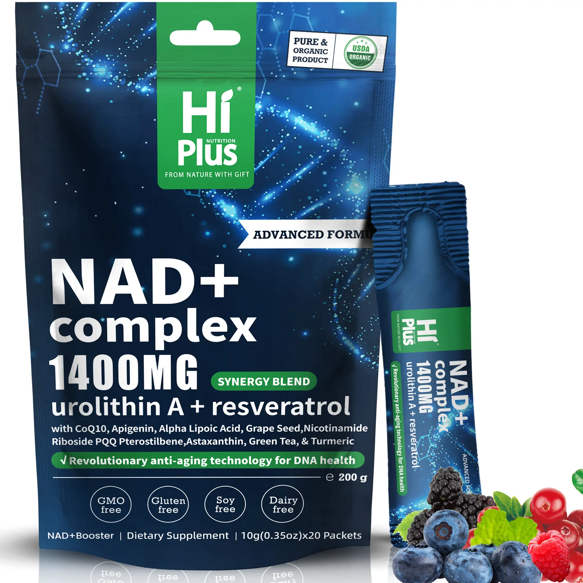HiPlus NAD+ Complex 1400mg Berry Flavor Drink Extra Strength NMN Alternative Liposomal for Women & Men with Resveratrol CoQ10 PQQ Alpha Lipoic Acid Cell Regenerator 20 Pack Supplement Healthcare