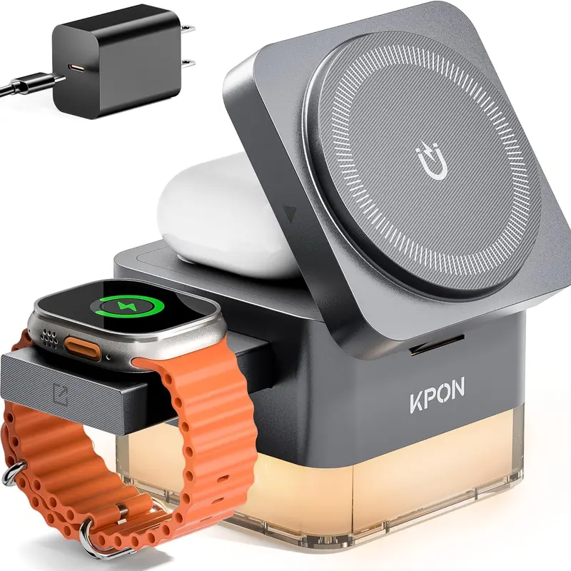 KPON 15W 3-in-1 Foldable MagSafe Wireless Charger Stand - Smart Charging Dock with Night Light, Silicone Base, USB-C Plug for iPhone 12-17 Series, Wearables, Wireless Headphones