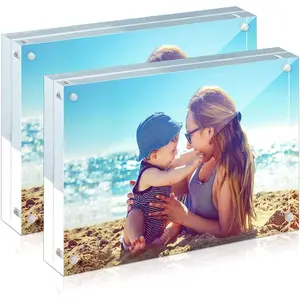 Frame, 2 Pack 6x8  Picture Frames, 24mm Thicker Frameless Clear Double Sided  Frame, Free Standing Desktop Display