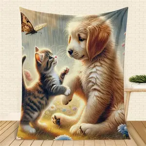 Adorable Golden Puppy & Tabby Kitten Tapestry – Rainy Meadow with Butterfly