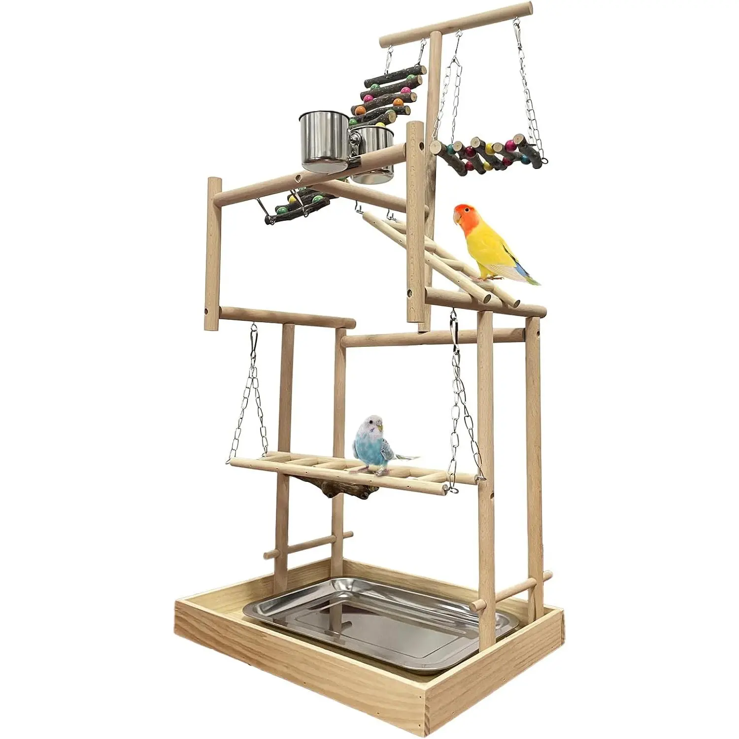4-Layer Large Wood Bird Playground, 32" H Pet Parrot Playstand Gym Perch Playpen for Small-Medium Birds Including Conures, Parakeets, Lovebirds, Cockatiels, Cockatoos, Finches, Budgies, Conure