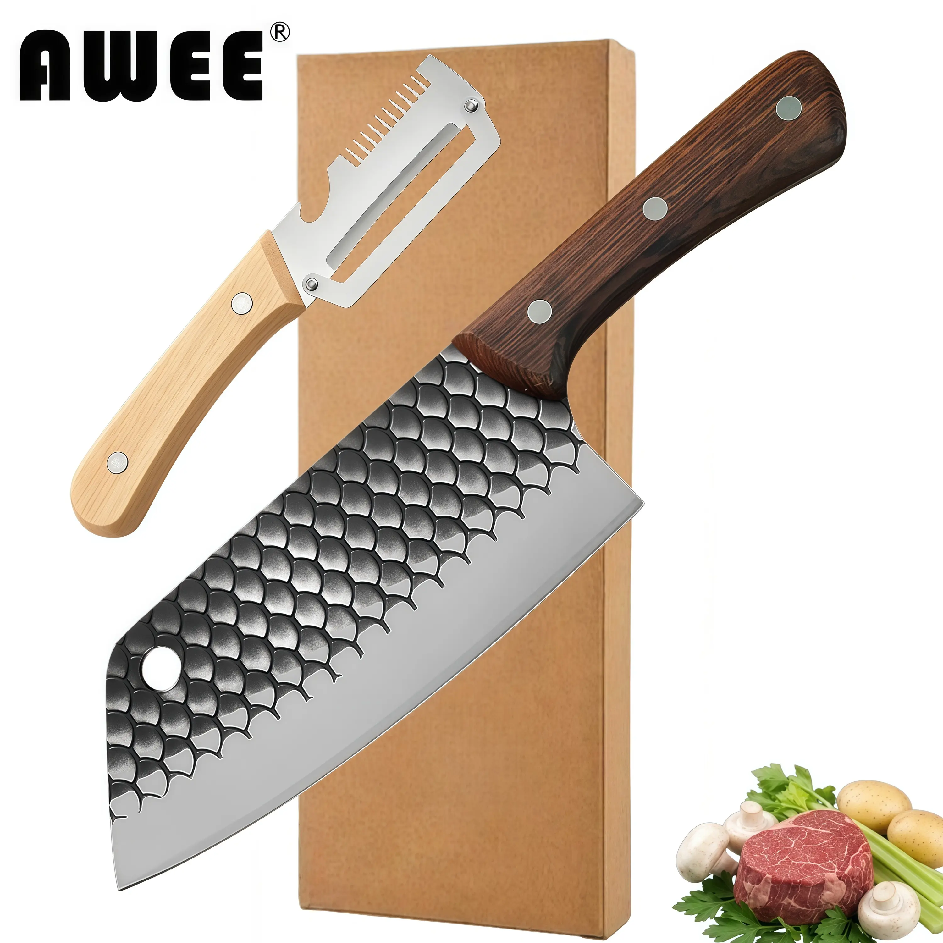 All-in-one Kitchen Essential Set | Hand Forged Hammered Cleaver + Multifunctional Peeler Cooking Gadget All-in-one Kitchen Essential Set | Hand Forged Hammered Cleaver + Multifunctional Peeler Cooking Gadget