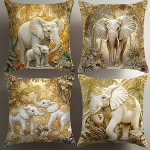 Tropical Plant and Elephant Decorative Pillow Covers, 4-Piece Set, Invisible Zipper, Easy Clean, Home Decoration