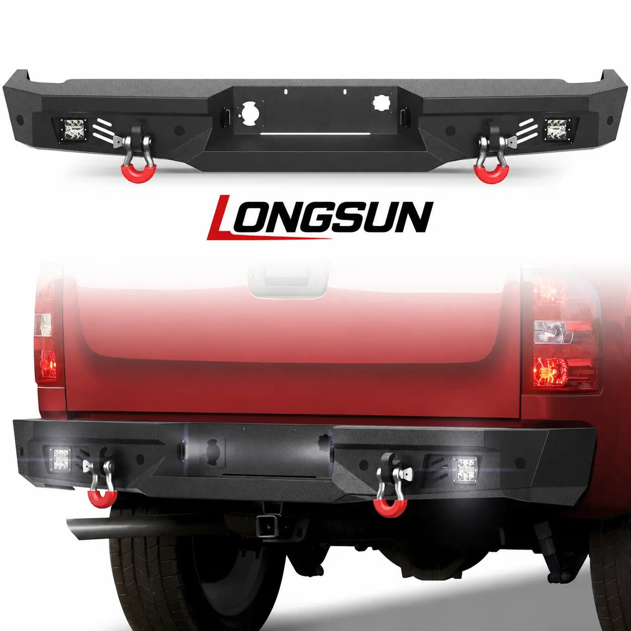 Longsun Textured Black Rear Bumper for 2007-2013 Chevy/GMC Silverado 1500, Silverado 1500 Accessories, with Parking Sensor Holes, Step Plate, Light Integration, D-Ring Mounts for Pickup Trucks