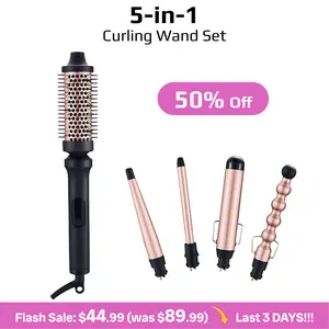 Multi-Curl 5-in-1 Ceramic Curling Wand Set,thermal brush,Interchangeable Ceramic Curling Barrels, Tapered & Bubble Curling Wand, Instant Heat Curling Iron, Blowout Brush Styling Tool for Loose Waves, Tight Curls, Volume, Bangs, curling irons, Gift