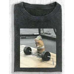 Women's Funny Gym Hamster Graphic Tee: Vintage Washed Wax Print T-Shirt, Cute Workout Design for Casual Daily Wear & Unique Gift Idea | #FunnyTshirt #VintageTee #GymHumor #WomensFashion