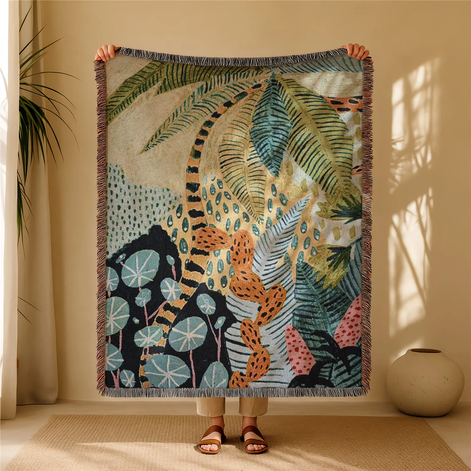 Tropical Jungle Bohemian Yarn Jacquard Woven Leopard Print Blanket with Tassel, Thick Soft Washable Blanket, Used for Home Decor Sofa Chair Bed Tapestry Tablecloth Floor Garden Picnic Outdoor Camping