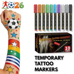 INKARTLINK Global Football Championship Celebration Temporary Tattoo Markers - 10-Color Flexible Brush Tip Skin Pens Kit for Soccer Fans Body Face Paint, Match Day Crafts, Water-Resistant Cruelty-Free