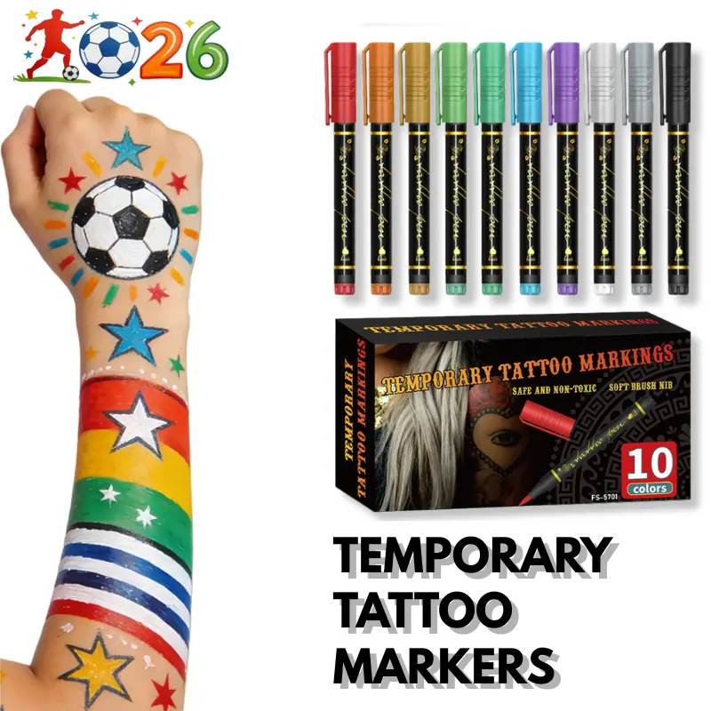 INKARTLINK Temporary Tattoo Markers for Youth Soccer Fans, 10-Color Flexible Brush Tip Pen Kit for Tattoo Art, Water-Resistant, Non-Toxic & Cruelty-Free, for All Skin Types
