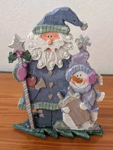 Santa and Snowman Pals from Unknown -  Holiday Decor (Resin Figurine, Rustic, Folk Art, Country, Blue, Purple, Cream)