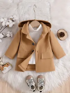 1 simple and casual British style camel colored hooded woolen coat for both boys and girls, winter version, hooded design, double button closure for easy on and off, with fake pockets on both sides, suitable for daily school, outdoor travel