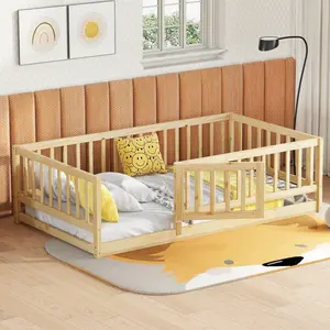 Twin Size Floor Bed Frame, Wood Floor Bed with Fence and Door, Bed Twin Size, for bedroom