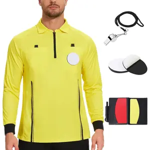Soccer Referee Shirt Jersey kit Long Sleeve Pro Ref Costume Umpire Uniform with 3 count Replace 3" Round Adhesive Hook & Loop Badge Holder, Referee Wallet with Red Card and Yellow Card
